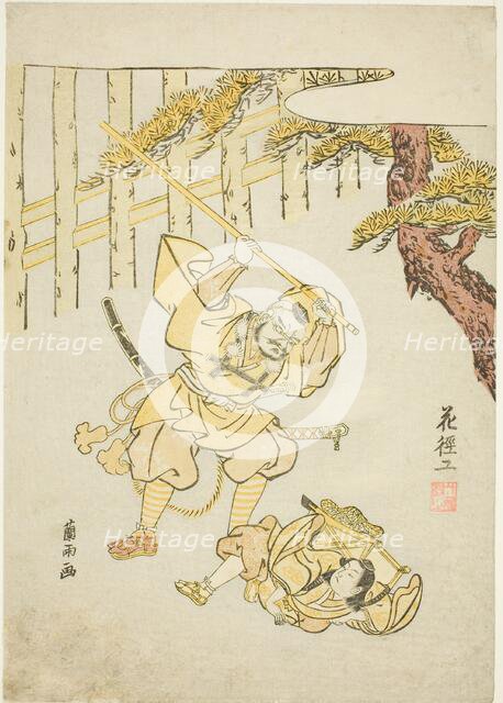 Yoshitsune and Benkei at Ataka barrier, 1765. Creator: Ran-u.