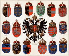 Coats of arms of Counties of Austria-Hungary and small Austrian national coat of arms, c. 1907. Creator: Anonymous.
