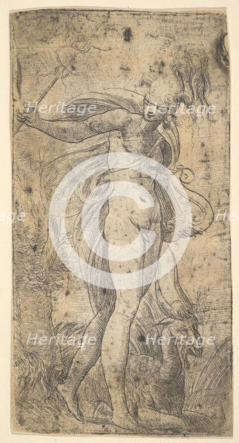 Mercury standing holding a cadecus in his right hand, a lyre in his left, ca. 1536-40. Creator: Andrea Schiavone.