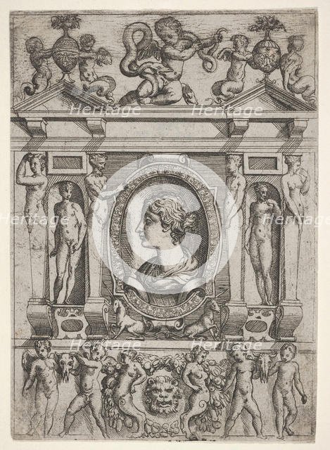 Bust of a woman in profile facing left, set in an elaborate frame with figures in n..., ca. 1540-80. Creator: Battista del Moro.