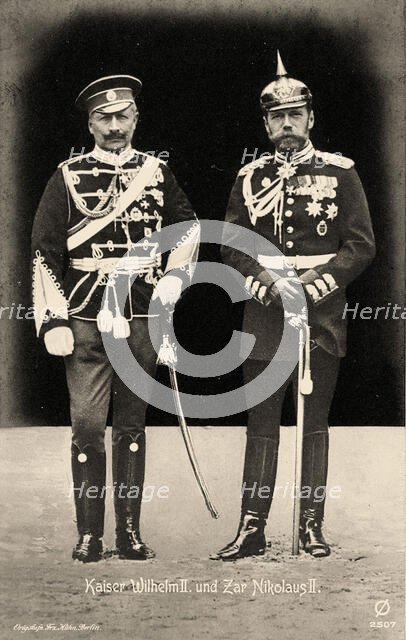 Emperor Wilhelm II of Germany (left) in Russian uniform, and Tsar Nicholas II of Russia..., 1905. Creator: Photo studio Franz Kühn, Berlin  .