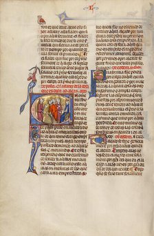 Initial U: A Man Pointing to a Heap of Grain and Two Men before a Judge, about 1290-1310. Creator: Unknown.