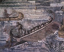  'Greek boat sailing the Nile River Delta', fragment of the Barberini mosaic. From the inferior s…