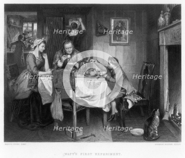 'Watt's First Experiment', 18th century, (c1870). Artist: Herbert Bourne