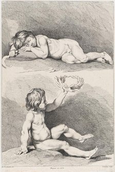 Two nude children, one sleeping and the other holding a wreath, from New Book of Childr..., 1720-60. Creator: Pierre Alexandre Aveline.