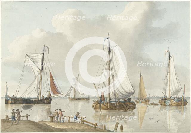 Sailing ships, on the side are five men, 1748-1805. Creator: Jan Arends.