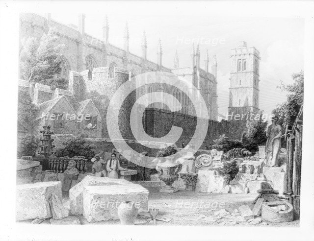 Stonemasons at work in front of the chapel at New College, Oxford, Oxfordshire. Artist: Unknown