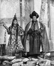 Lamist priests of Sikkim wearing robes, Talung monastery, India, 1922.Artist: John Claude White