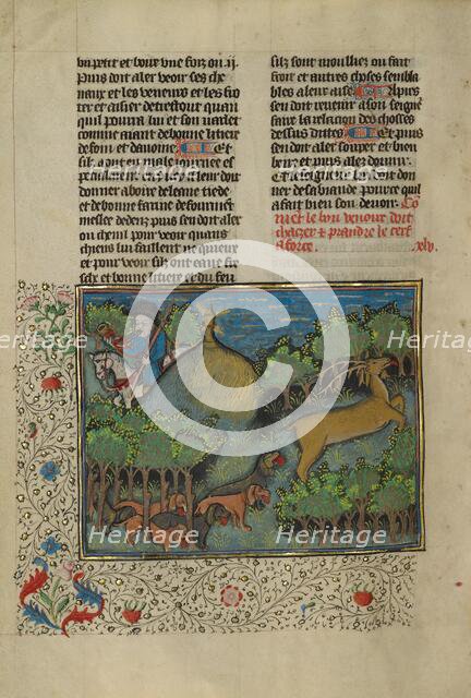 A Hunter and Dogs Pursuing a Stag; Livre de la Chasse, about 1430-1440. Creator: Unknown.