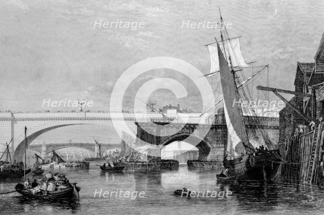'Part of the Old and New London Bridges', 1832. Artist: George Cooke