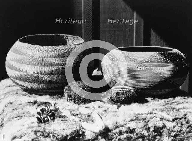 Pomo baskets and magnesite beads, 1924, c1924. Creator: Edward Sheriff Curtis.