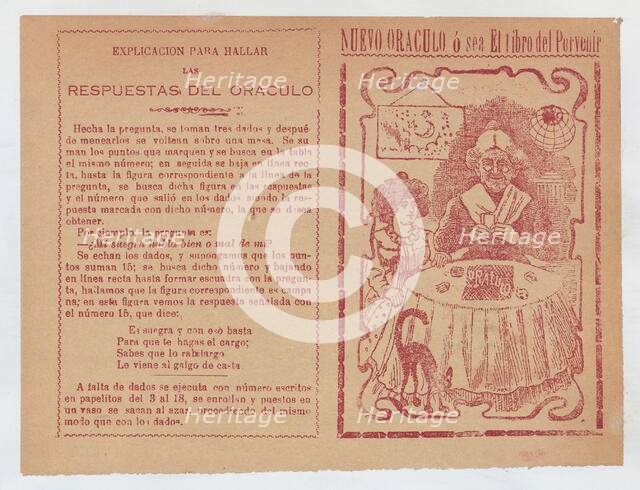 Cover for 'Nuevo Oraculo ó sea El Libro del Porvenír', an old women seated at a t..., ca. 1880-1910. Creator: José Guadalupe Posada.