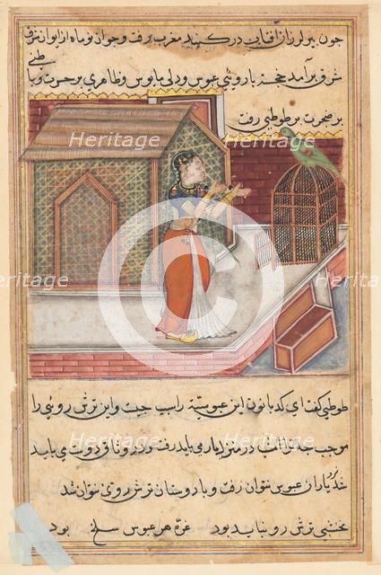 Page from Tales of a Parrot (Tuti-nama): Forty-ninth night: The parrot addresses Khujasta..., c1560. Creator: Unknown.