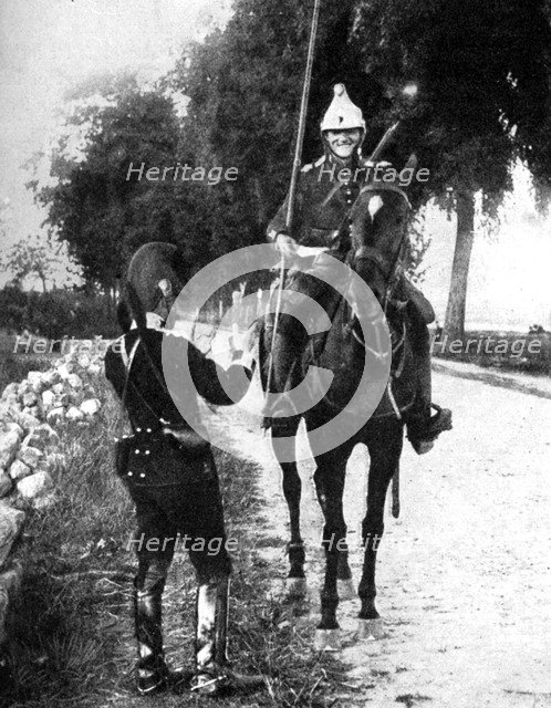 'French dragoon, delivering passport to alert Belgian picket', First World War, 1914. Artist: Unknown