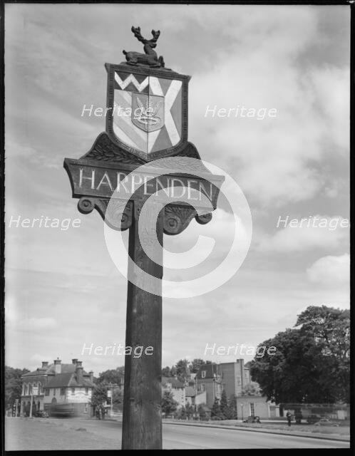 Village Sign, St Albans Road, Harpenden, St Albans, Hertfordshire, 1945-1960. Creator: Margaret F Harker.