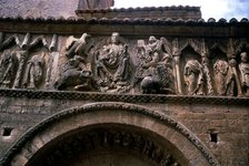Romanesque façade of the Church of Santiago in Carrión de los Condes, detail of upper frieze with…