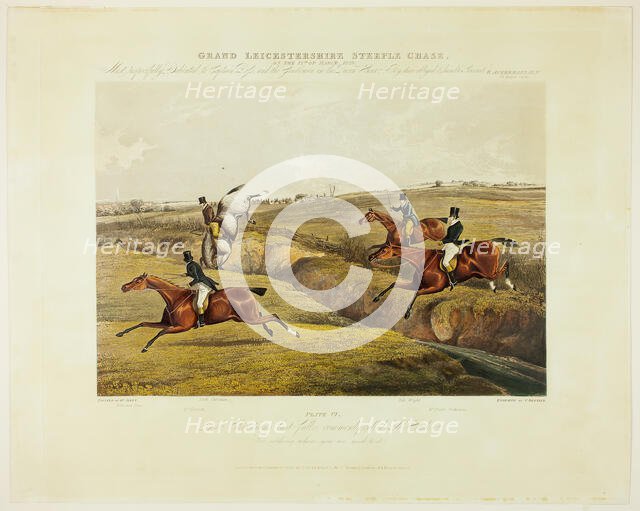 Dick Christian's Last Fall, from Grand Leicestershire Steeplechase, published 1830. Creator: Charles Bentley.