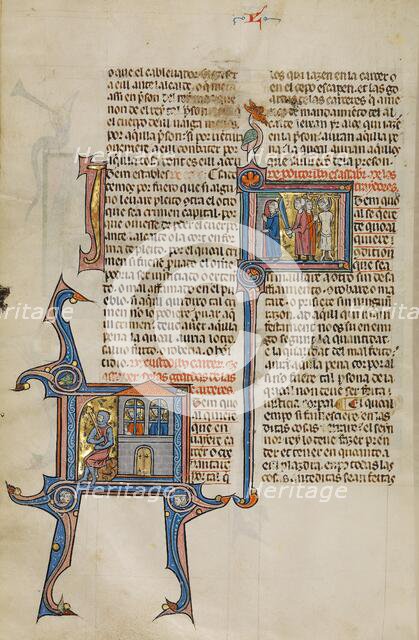 Initial I: Two Men in Prisons: Initial I: Two Men Killing Two Other Men with a..., about 1290-1310. Creator: Unknown.