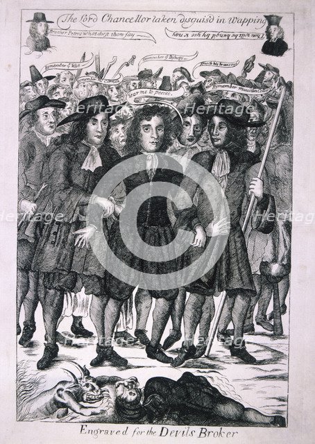 'The Lord Chancellor (Judge Jeffreys) taken disguis'd in Wapping', 1688. Artist: Anon