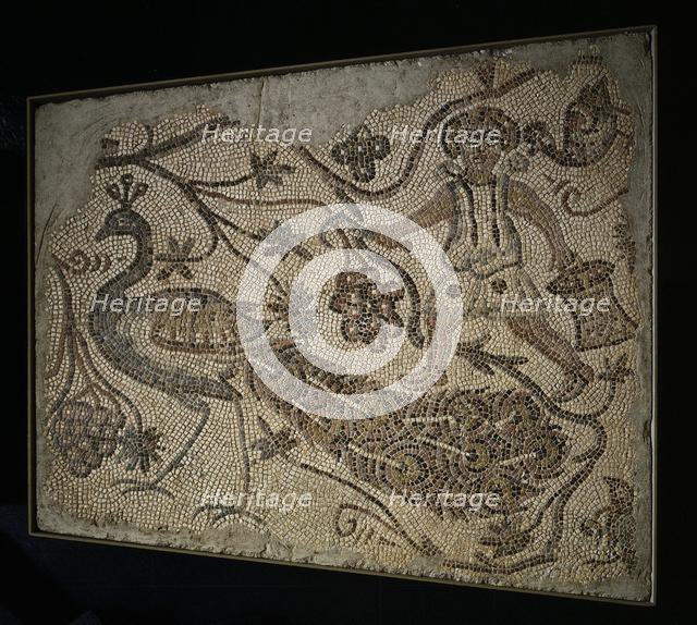 Floor Mosaic Panel: Grape Harvester with Peacock, 400s. Creator: Unknown.