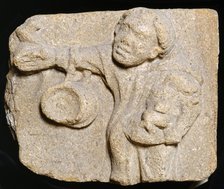 Carved stone depicting a monk carrying items, Muchelney Abbey, Somerset, c2010. Artist: Jonathan Bailey.