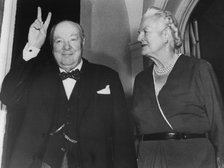 Sir Winston Churchill and Lady Churchill on his 81st birthday, Hyde Park Gate, London, 1955. Artist: Unknown