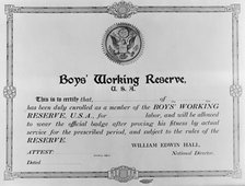 Boys Working Reserve, U.S.A. Certificate, 1917. Creator: Harris & Ewing.