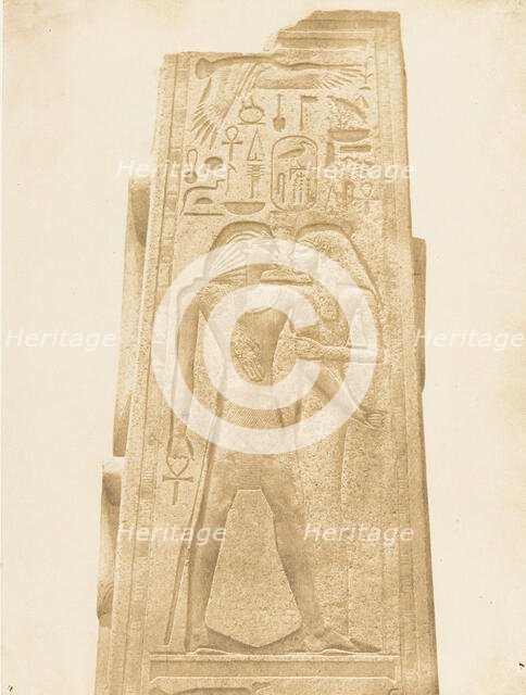 Pilier du Sanctuaire de granit du Palais de Karnac (Bas-relief représentant le Pharaon ..., 1849-50. Creator: Maxime du Camp.