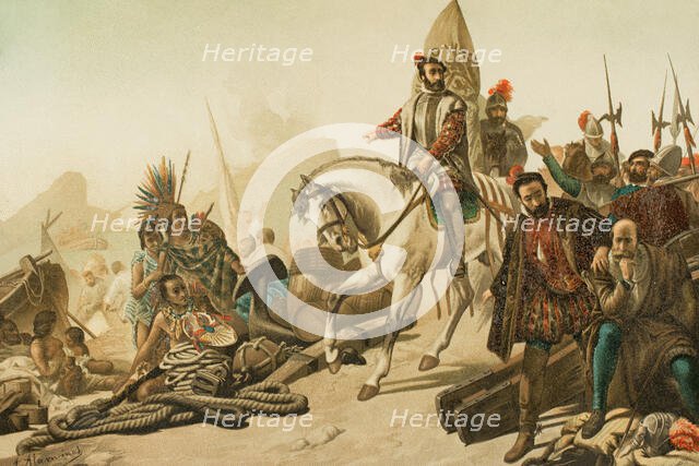 Destruction of the fleet - burning of their ships, Aztec Empire, 1890.  Creator: Juan Alaminos.