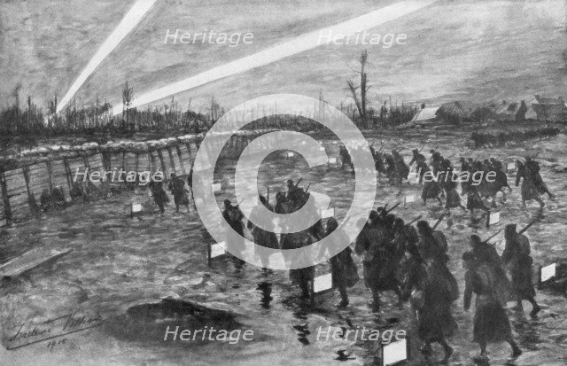 British troops advance under cover of darkness, Neuve-Chapelle, France,10 March 1915, (1926). Creator: Frederick Villiers.