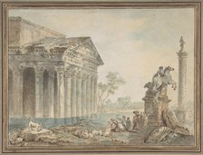 Architectural Capriccio with Roman Monuments and Washerwomen, n.d.. Creator: Manner of Hubert Robert (French, Paris 1733-1808).