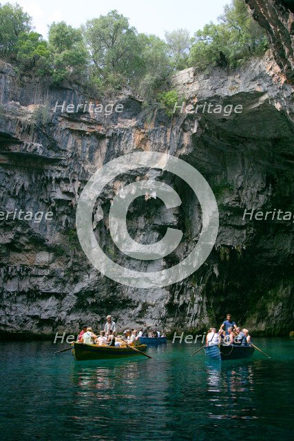 Tourist boat trip, Melissani Lake, Kefalonia, Greece.