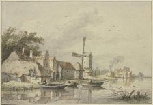 Village with a windmill by the water. Creator: Jan Hulswit.