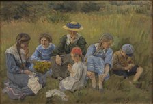 Rest in the meadow; The artist's wife and children, 1909. Creator: Joakim Skovgaard.