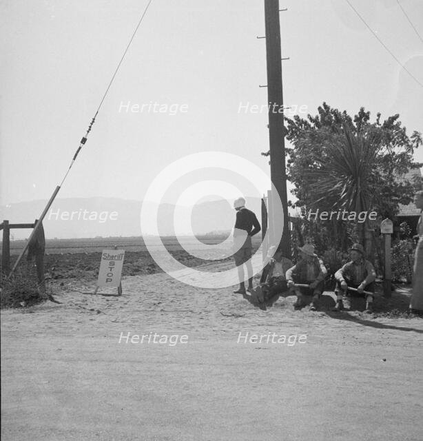 Deputized "vigilantes" armed with clubs guard entrance..., Salinas Valley, California, 1939. Creator: Dorothea Lange.