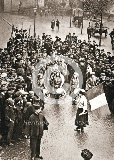 The Women's Social and Political Union fife and drum band out for the first time, 13 May 1909. Artist: Unknown