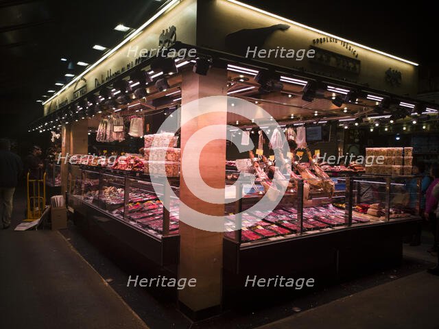 A charcuterie stall at La Bouqueria, Barcelona, Spain, 2020. Creator: Ethel Davies.