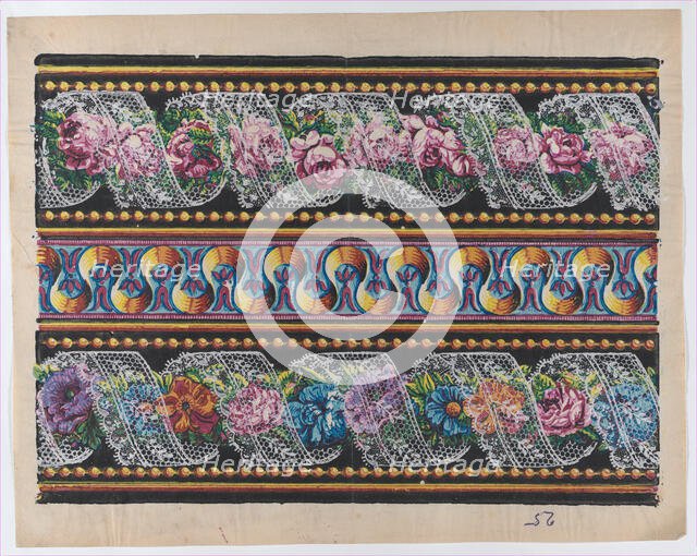 Sheet with a border with floral garlands and lace on a black backgro..., late 18th-mid-19th century. Creator: Anon.