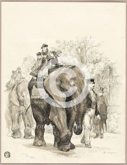 Elephant with Riders in Jardin des Plantes, Paris, n.d. Creator: Auguste-Andre Lancon.