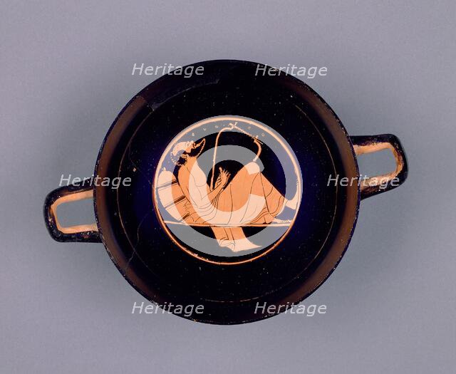 Attic Red-Figure Cup; Wine Cup with a Singing Reveler; Paleothodoros, Dimitris..., about 510 B. C. Creator: Epiktetos.