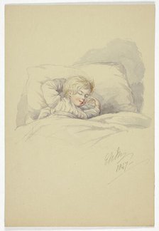Child Asleep (recto), and Fishermen on Dock (verso), 1847. Creator: Elizabeth Murray.