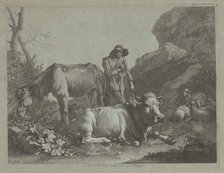 Shepherd Resting on a Walking Stick with an Old Horse and a Reclining Bull, after 1767. Creator: Francesco Londonio.