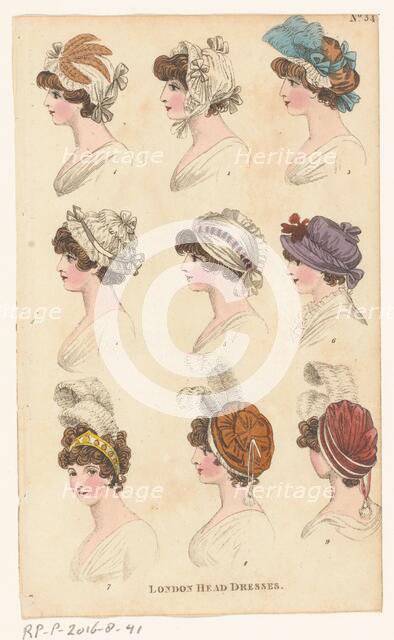 Magazine of Female Fashions of London and Paris, No.34. (?). London Head Dresses, 1798-1806. Creator: Unknown.