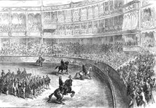 A bull-fight at Lisbon: the performers saluting the audience, 1874. Creator: Unknown.