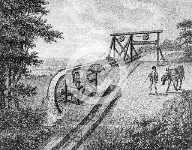 Inclined plane powered by water wheel in used on a canal, 1796. Artist: Unknown