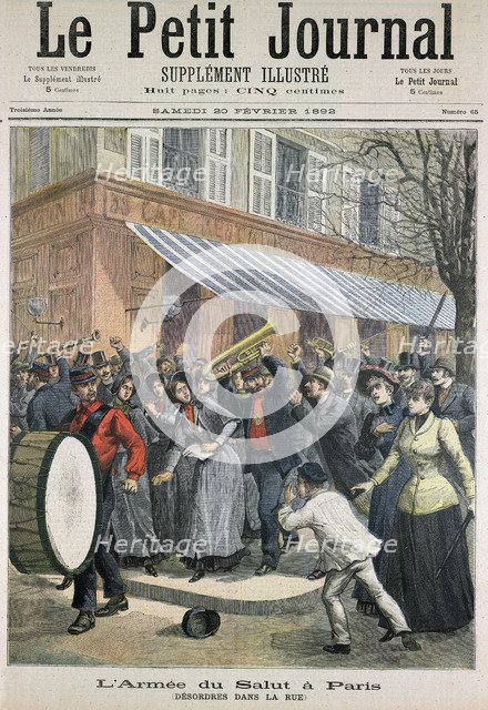 Salvation Army march led by a drummer being barracked by onlookers in Paris, 1892. Artist: Unknown
