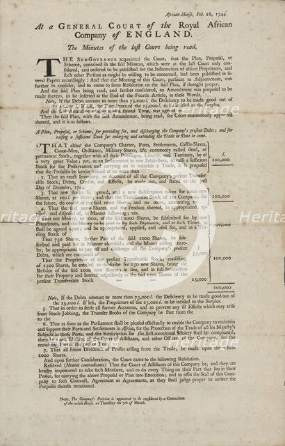 At a General Court of the Adventurers of the Royal African Company of England, 1744-02-28. Creator: Unknown.