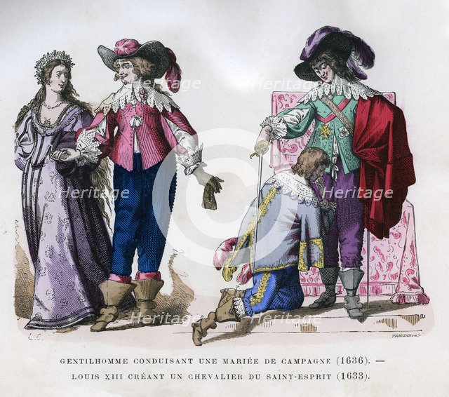 A gentleman leading a country bride,1636, and Louis XIII creating a knight, 1633 (1882-1884)Artist: Tamisier