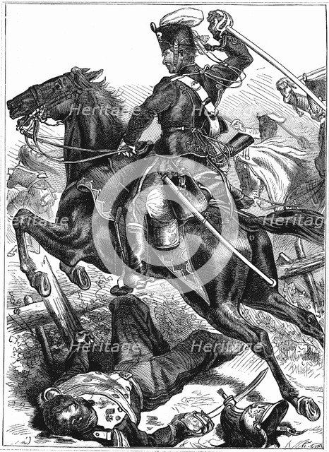 Prussian Hussar charging with sword drawn, Franco-Prussian War 1870-1871. Artist: Unknown