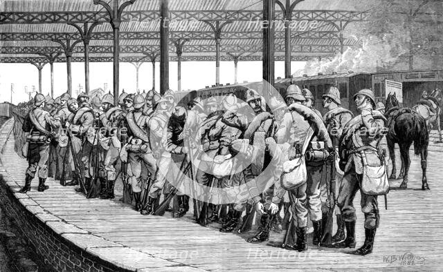 The Volunteer Review: departure of the Artists Corps from Victoria Railway Station, 1881.  Creator: Unknown.